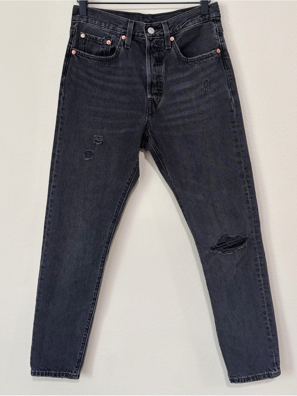Levi’s 501 Size W26 L28 Black Wash Distressed Skinny Denim Jeans
